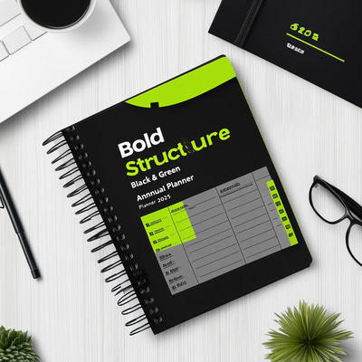 Bold Structure Black & Green Annual Planner 2025 - Sleek Academic Organizer for Efficient Study & Year-Round Success