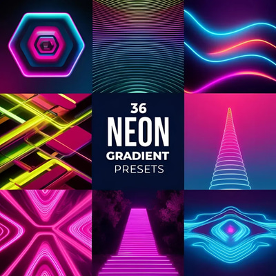 36 Neon Gradient Presets Photoshop - Vibrant Neon Color Gradients for Dynamic Photo Editing and Creative Design
