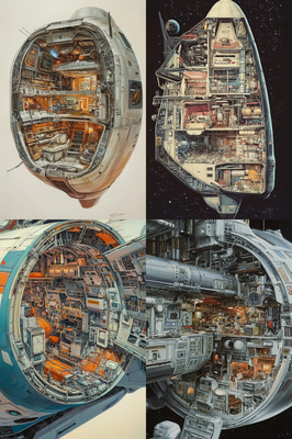 Detailed Cross-Section of an Interstellar Spaceship - Immersive Sci-Fi Space Exploration Art for Creatives and Enthusiasts