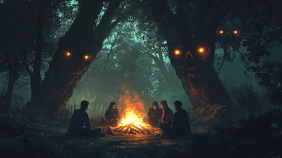 Campers by Fire Horror Illustration - Dark Horror Art for Creepy Visual Storytelling and Atmospheric Projects