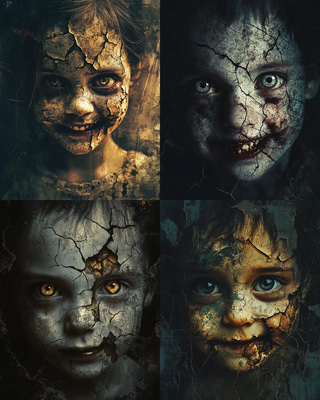Cracked Doll-Faced Child Portrait - Haunting Digital Horror Art for Dark Creators and Storytellers