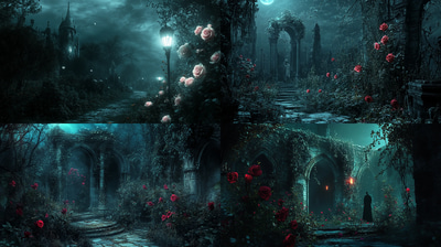 Gothic Rose Garden At Night - Dark Aesthetic Gothic Digital Art for Creative Projects and Atmospheric Designs