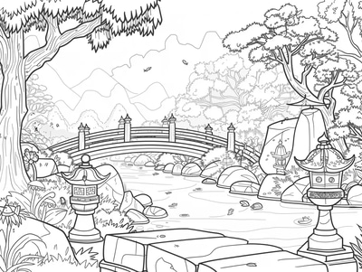 Japanese Garden Coloring Page - Serene Landscape Art for Mindful Creativity and Relaxation