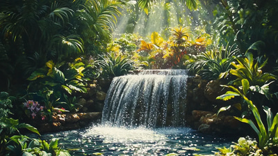 Cascading Fountain in Nature - Lush Tranquil Setting - Serene Nature Wall Art for Calm Spaces and Relaxing Ambiances