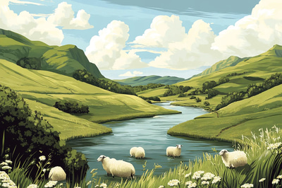 Peaceful Valley View - Serene Rural Landscape Art for Tranquil Spaces and Creative Decor