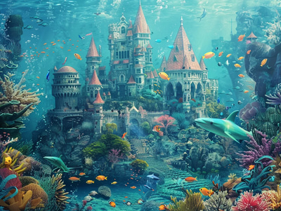 Coral Throne Submerged Kingdom - Immersive Digital Environmental Illustrations for Eco Art and Storytelling