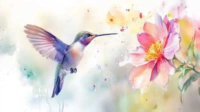 Hummingbird Hovering Watercolor Art - Elegant Heritage-Inspired Watercolor Painting for Artistic Projects and Prints