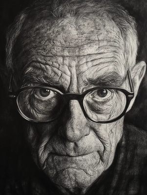 Elderly Man Charcoal Portrait with Glasses - Timeless Charcoal & Pencil Portrait Art for Collectors and Creatives