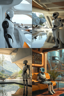 Android Servants in a Futuristic Home - Concept Art - Immersive Sci-Fi Robotics Artwork for Designers and Creatives