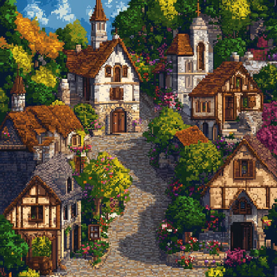 Medieval Village Pixel Art with Streets - Vibrant Pixel Landscapes for Game Developers and Digital Creators