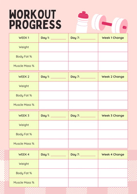 Pink & Yellow Workout Progress Tracker - Vibrant Fitness Planner Template for Personal and Professional Use