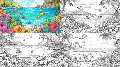 Island Paradise Coloring Page - Relaxing Landscape Coloring Art for Creative Stress Relief and Mindful Enjoyment
