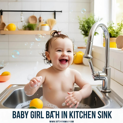 Baby Girl Bath in Kitchen Sink - Heartwarming Lifestyle Stock Video for Family and Children Projects