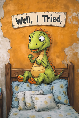 Cartoon Dinosaur Trying to Do Yoga - Humorous Wall Art Print for Playful Home & Office Decor