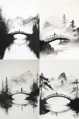 Serene Landscape with Lone Figure - Elegant Ink Painting Art for Tranquil Home and Office Decor