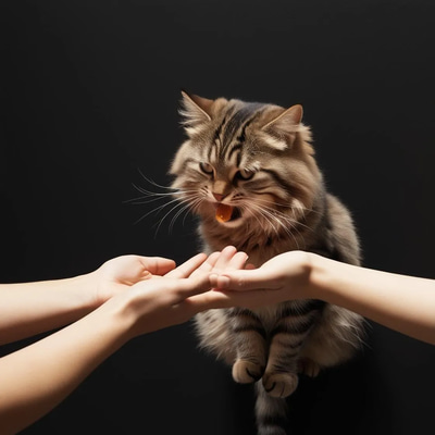 Cat Eating From Hands Black Background - Cinematic Wildlife Stock Video for Nature Projects and Creative Storytelling