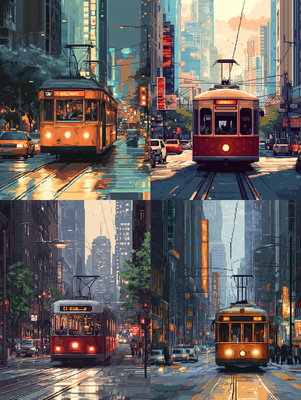 Classic Tram Pixel Art Scene - Nostalgic Retro Pixel Art for Vintage Game Creators and Pixel Enthusiasts