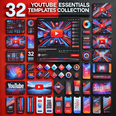 32 YouTube Essentials Templates Collection - Versatile YouTube Thumbnail & Art Designs for Creators and Marketers