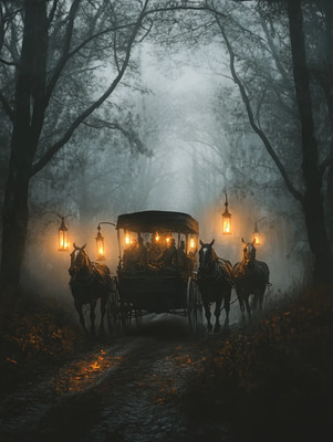 Ghostly Carriage In Fog - Gothic Digital Art for Dark Aesthetic Creators and Atmospheric Projects