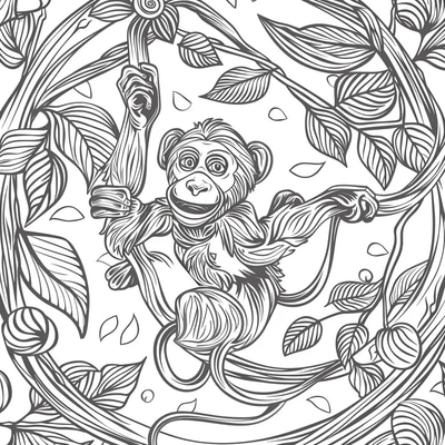 Monkey Swinging Coloring Page - Whimsical Animal Coloring Art for Creative Relaxation and Kids' Fun