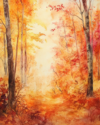 Peaceful Autumn Forest Watercolor - Serene Heritage Brushwork Watercolor Painting for Tranquil Artistic Creations