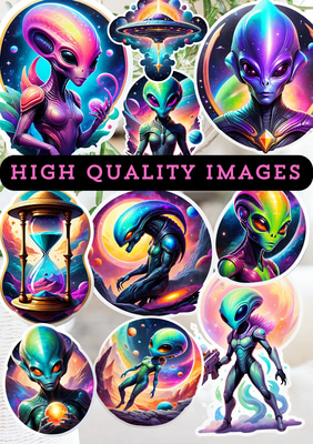 10 Alien Arrival Sticker Set - Futuristic Space Alien & UFO Decals for Creative Personal and Commercial Use
