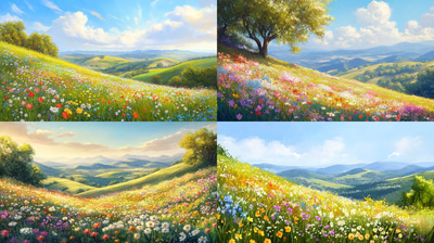 Blooming Spring Hillside - Serene Landscape Art for Tranquil Nature Decor and Creative Spaces