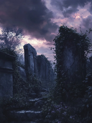 Gothic Cemetery at Dusk - Haunting Digital Wall Art for Dark Ambiance and Gothic Decor