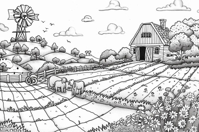Farm Landscape Coloring Page - Serene Hand-Drawn Rural Scenes for Creative Relaxation and Educational Fun