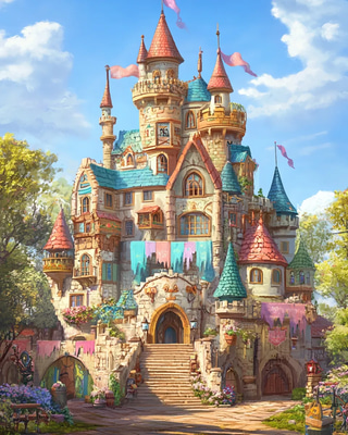 Gumdrop Spires Storybook Castle - Whimsical Cartoon Fantasy Art for Imaginative Creators