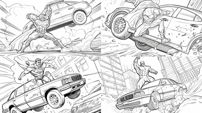 Heroic Car Lift Coloring - Dynamic Superhero-Themed Coloring Pages for Creative Play and Stress Relief