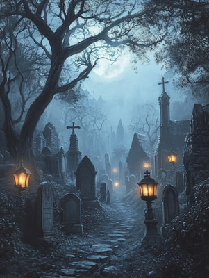 Gothic Cemetery At Dusk - Dark Aesthetic Digital Art for Moody Horror and Atmospheric Projects