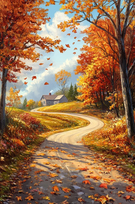 Autumn Country Road - Serene Verdant Landscape Art for Tranquil Spaces and Creative Projects
