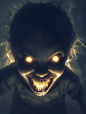 Demonic Grinning Child Portrait - Haunting Digital Horror Art for Dark Creators and Storytellers