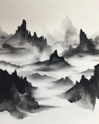 Dramatic Mountain Range Ink Art - Expressive Ink Painting for Creative Decor and Artistic Projects