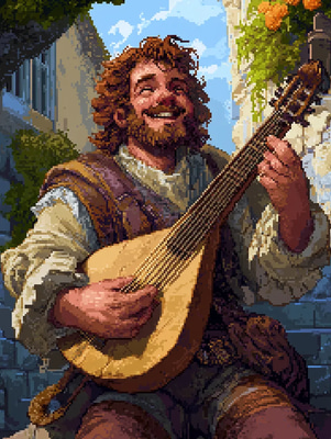 Fantasy Bard Pixel Art Portrait - Vibrant Pixel Art Character for Game Design and Creative Projects