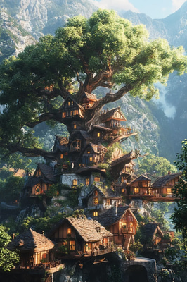 Cloudroot Village Homes Among the Peaks - Magical Realism Fantasy Art for Enchanting Decor and Creative Projects