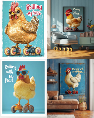 Chicken on Roller Skates - Playful Humorous Wall Art for Lighthearted Home and Office Decor
