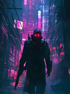 Cybernetic Assassin in Motion - Cyberpunk Illustration - Futuristic Sci-Fi Vector Art for Creative Projects and Branding