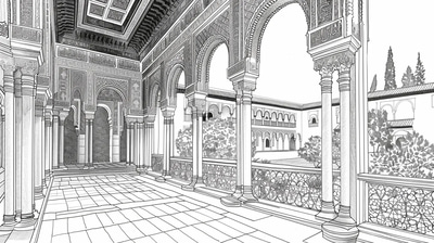 Alhambra Palace Coloring - Detailed Architectural Coloring Pages for Creative Relaxation and Artistic Exploration
