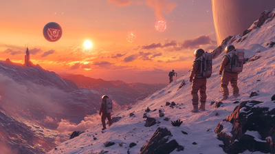 Astronauts Discovering Alien Ruins on Distant Planet - Immersive Sci-Fi Exploration Digital Artwork for Creators