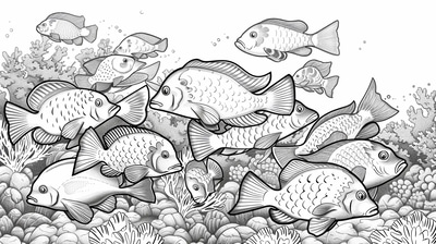 Parrotfish School Coloring - Vibrant Underwater Marine Life Coloring Pages for Artists and Educators