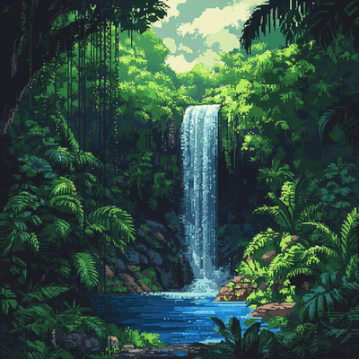 Lush Jungle Pixel Scene with Waterfalls - Vibrant Pixel Art Landscape for Game Developers and Digital Creators