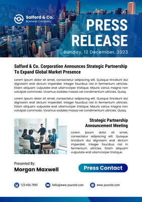 Business Press Release - White & Navy Modern Style - Sleek Corporate Announcement Templates for Professional Branding