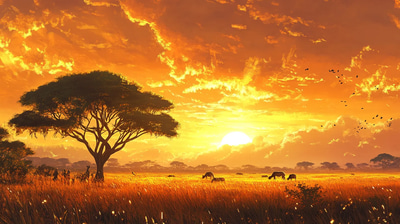 Golden Savannah - Acacia Silhouettes - Realistic Digital Landscape Art for Immersive Environmental Projects