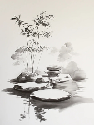 Peaceful Zen Garden Ink Scene - Serene Traditional Ink Painting for Mindful Art Lovers and Meditative Spaces