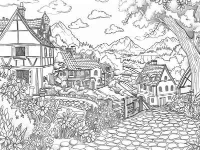 Charming Village Landscape Coloring - Serene Hand-Drawn Scenery Coloring Pages for Relaxation and Creative Expression