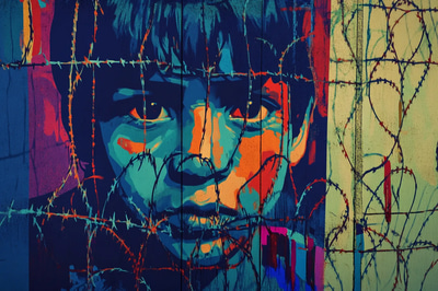 Child Behind Bars Mural - Impactful Political and Social Commentary Graffiti Art for Street and Urban Projects