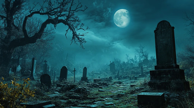 Moonrot Cemetery - Crumbling Crypts at Witching Hour - Atmospheric Digital Scary Environment Art for Immersive Storytelling and Game Design