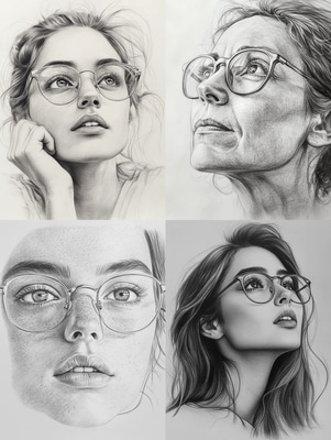 Glasses-Wearing Woman Pencil Portrait - Elegant Charcoal and Pencil Portrait Art for Creative Projects and Personal Collections